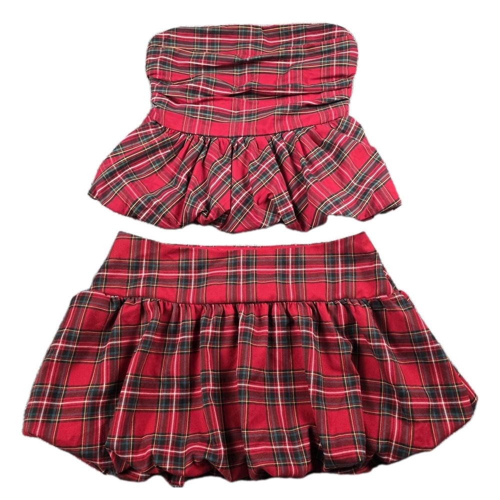 Hollister Y2K Plaid Micro Mini Bubble Skirt Top Set Outfit  L M‎ Preppy Academia